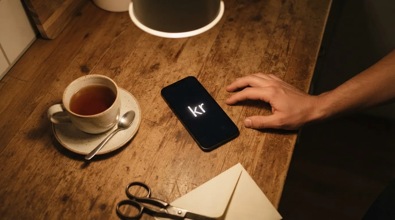 Hånd holder en mobiltelefon ved siden af en kop te ved et køkkenbord en rolig aften — 10 kroner casino i danmark
