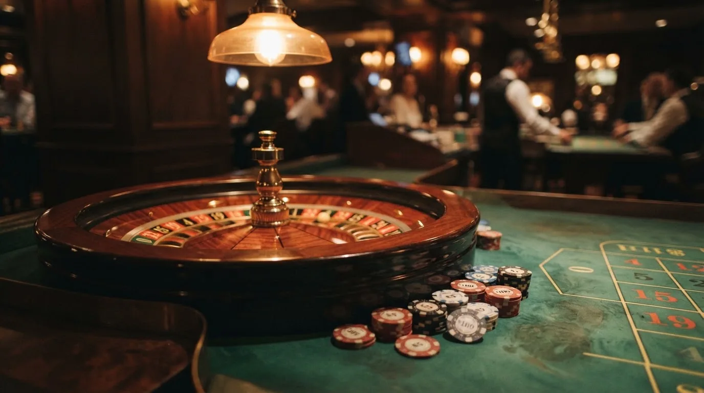 Roulettehjul og spillemærker på grønt filt i varmt aftenlys — anmeldelser af casinoer