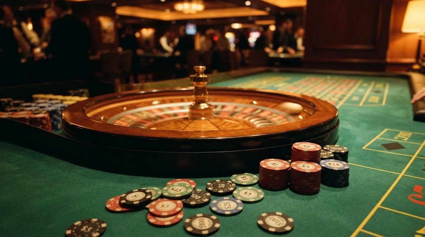 Roulettehjul og spillemærker på grønt filt i varmt aftenlys — bedste blackjack casinoer