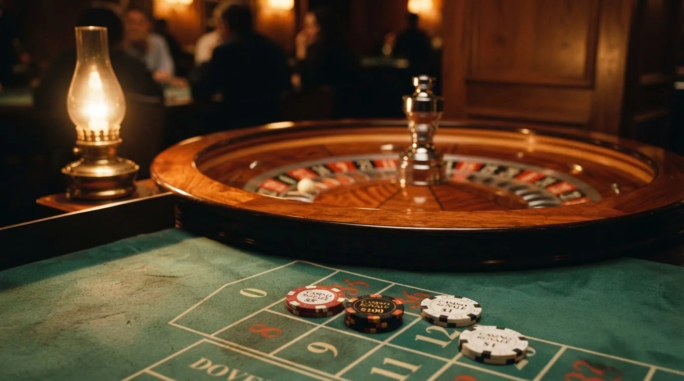 Roulettehjul og spillemærker på grønt filt i varmt aftenlys — bedste blackjack i danmark