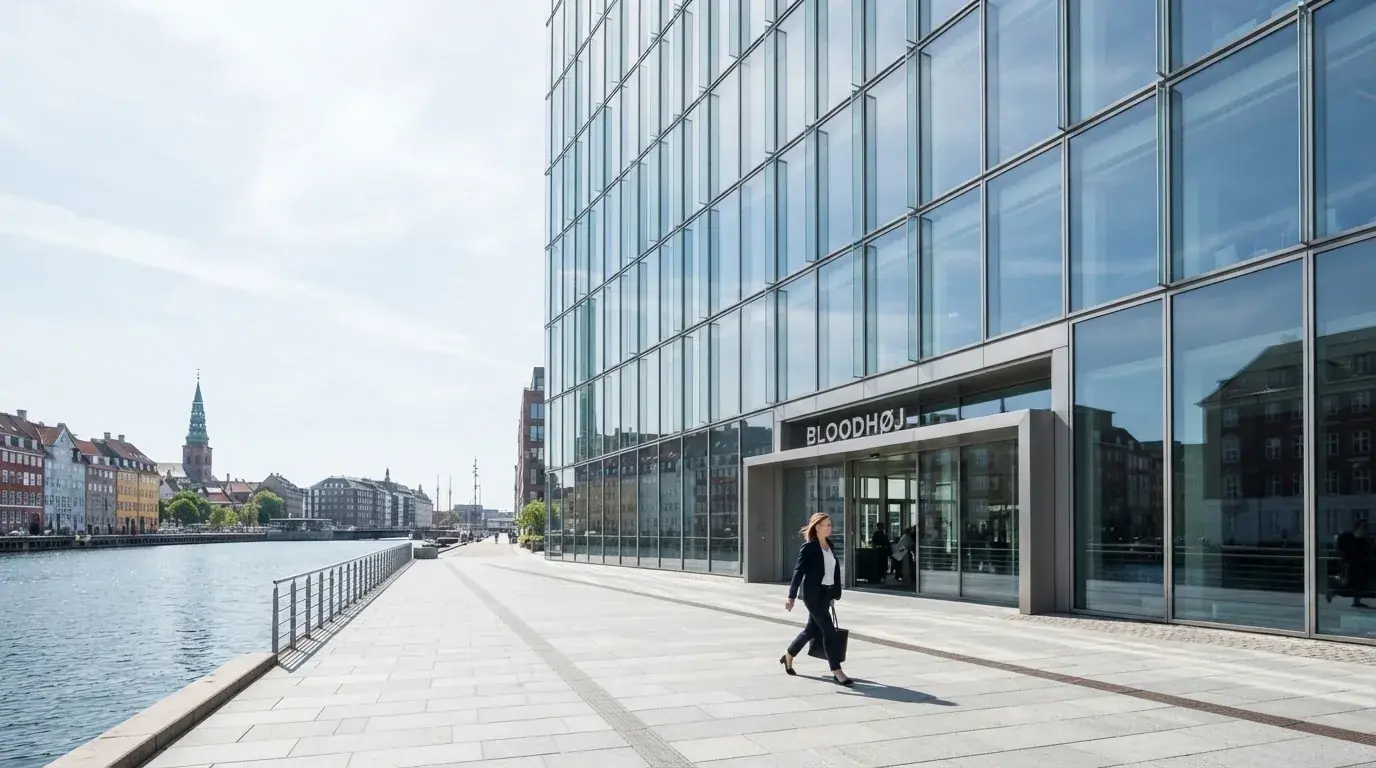 En moderne kontorbygning med glasfacade ved Københavns havn i klart dagslys, med en medarbejder i blazer, der går forbi.