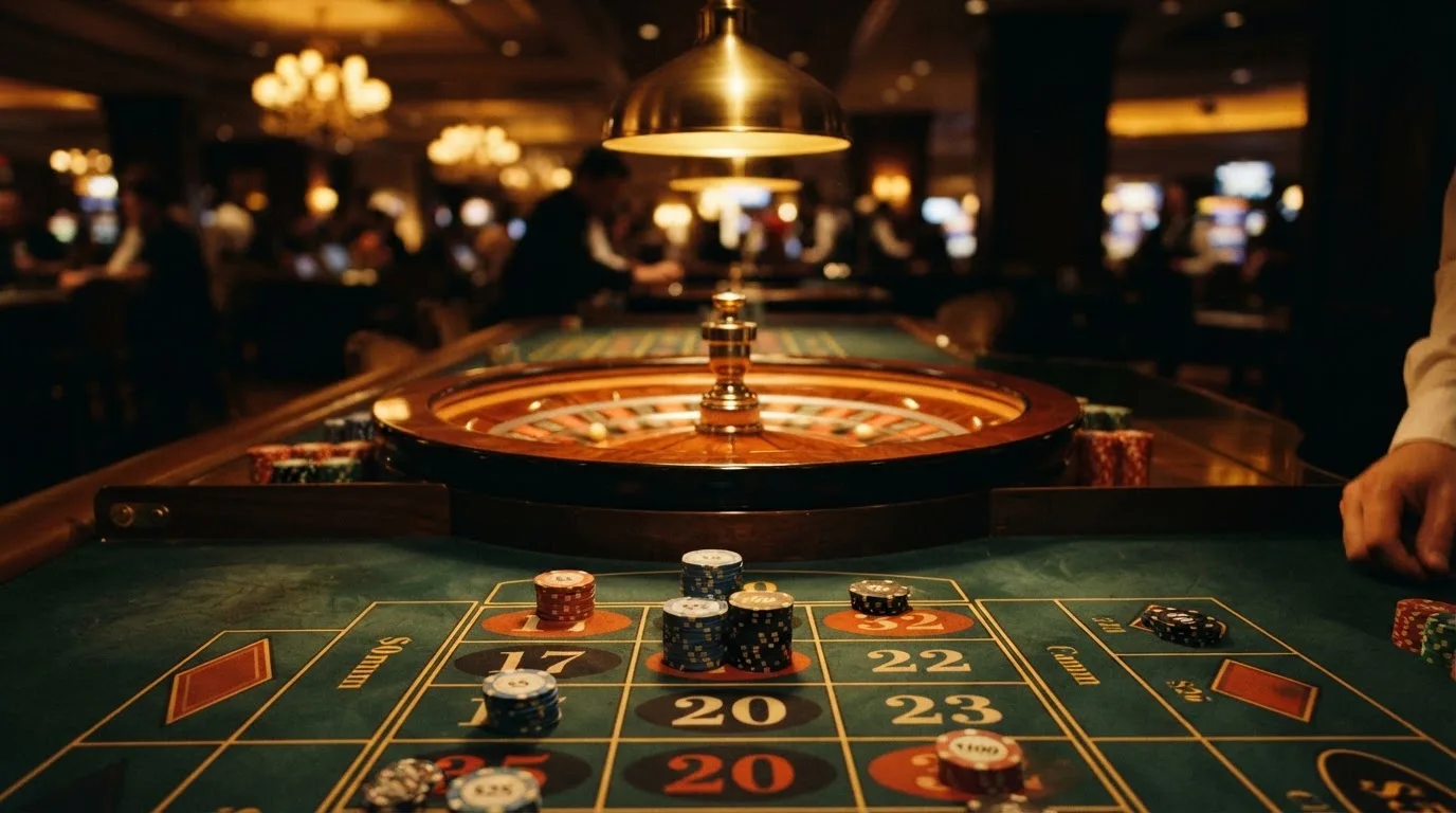 Roulettehjul og spillemærker på grønt filt i varmt aftenlys — bedste danske casino bonusser