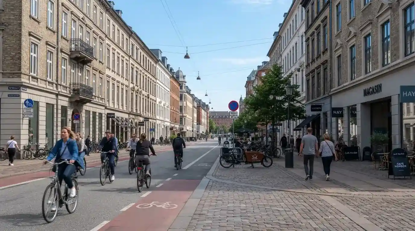 Københavnsk gade med klassiske bygninger og cyklister i klart vejr, set fra fortovet.