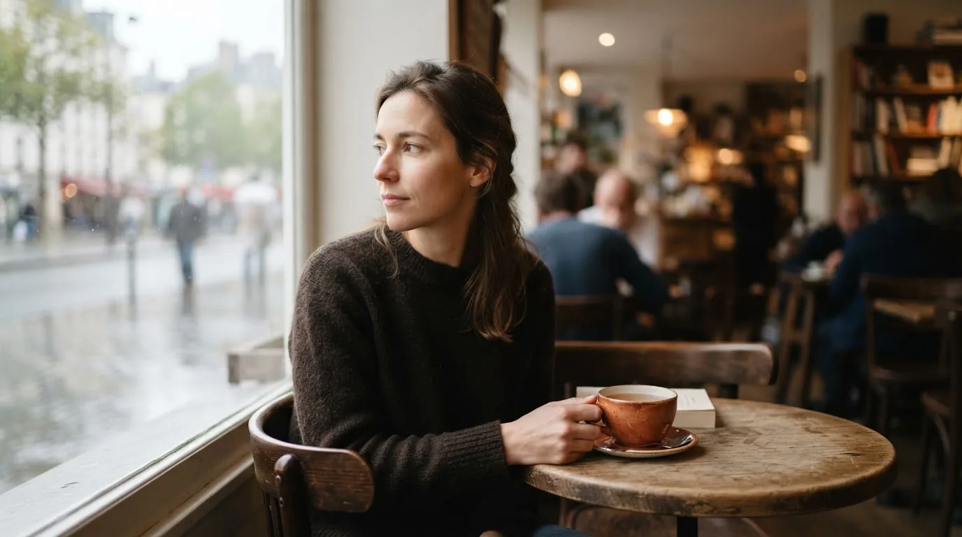 Kvinde sidder på en café med en kop te og kigger tænksomt ud ad vinduet i blødt dagslys.
