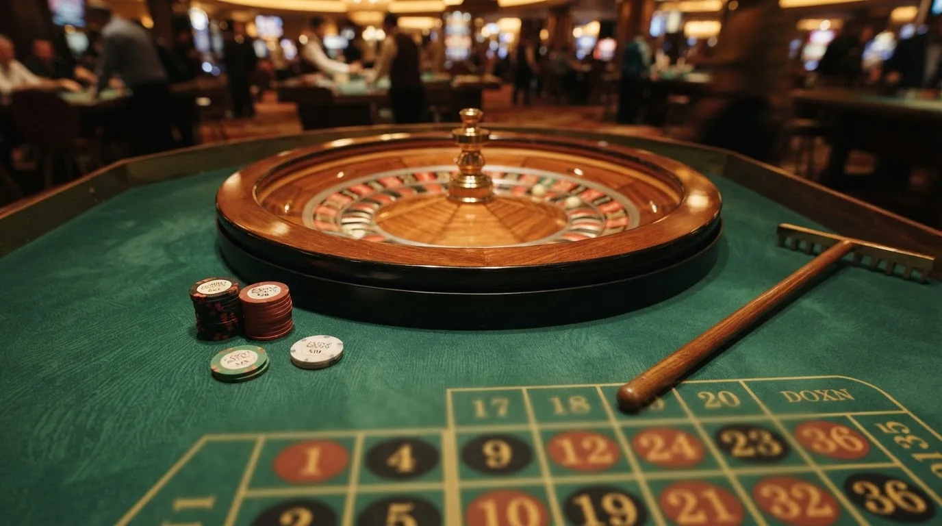 Roulettehjul og spillemærker på grønt filt i varmt aftenlys — bedste roulette casinoer