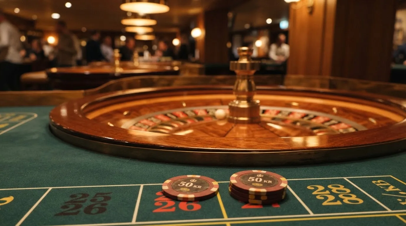 Roulettehjul og spillemærker på grønt filt i varmt aftenlys — bedste slots casinoer
