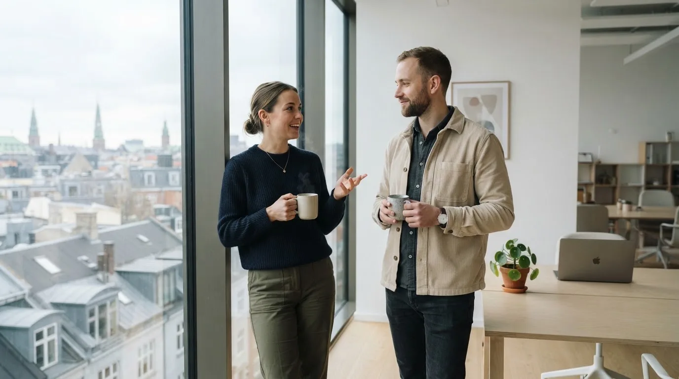 To medarbejdere står ved et stort vindue i et lyst kontor i København og taler sammen med kaffekopper i hænderne.