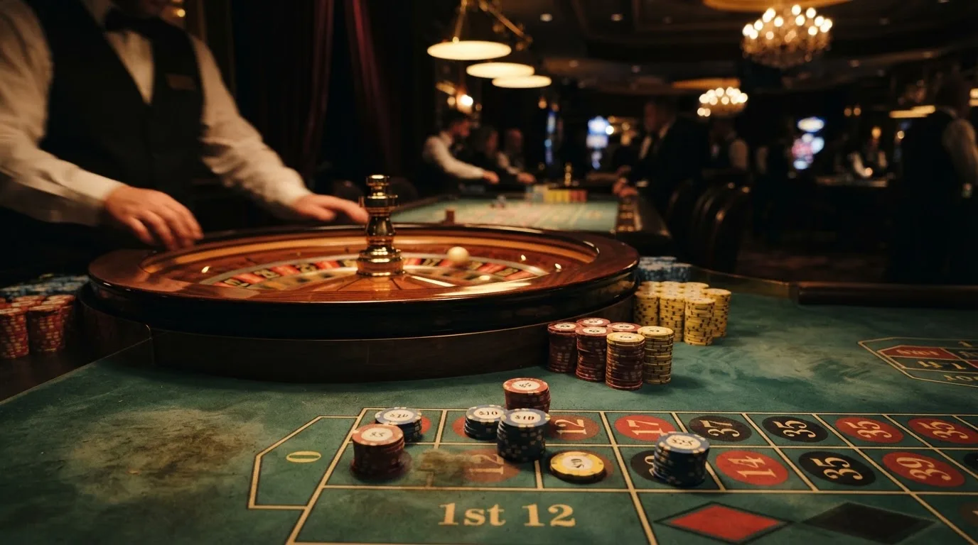 Roulettehjul og spillemærker på grønt filt i varmt aftenlys — casino bonus uden indskud dk