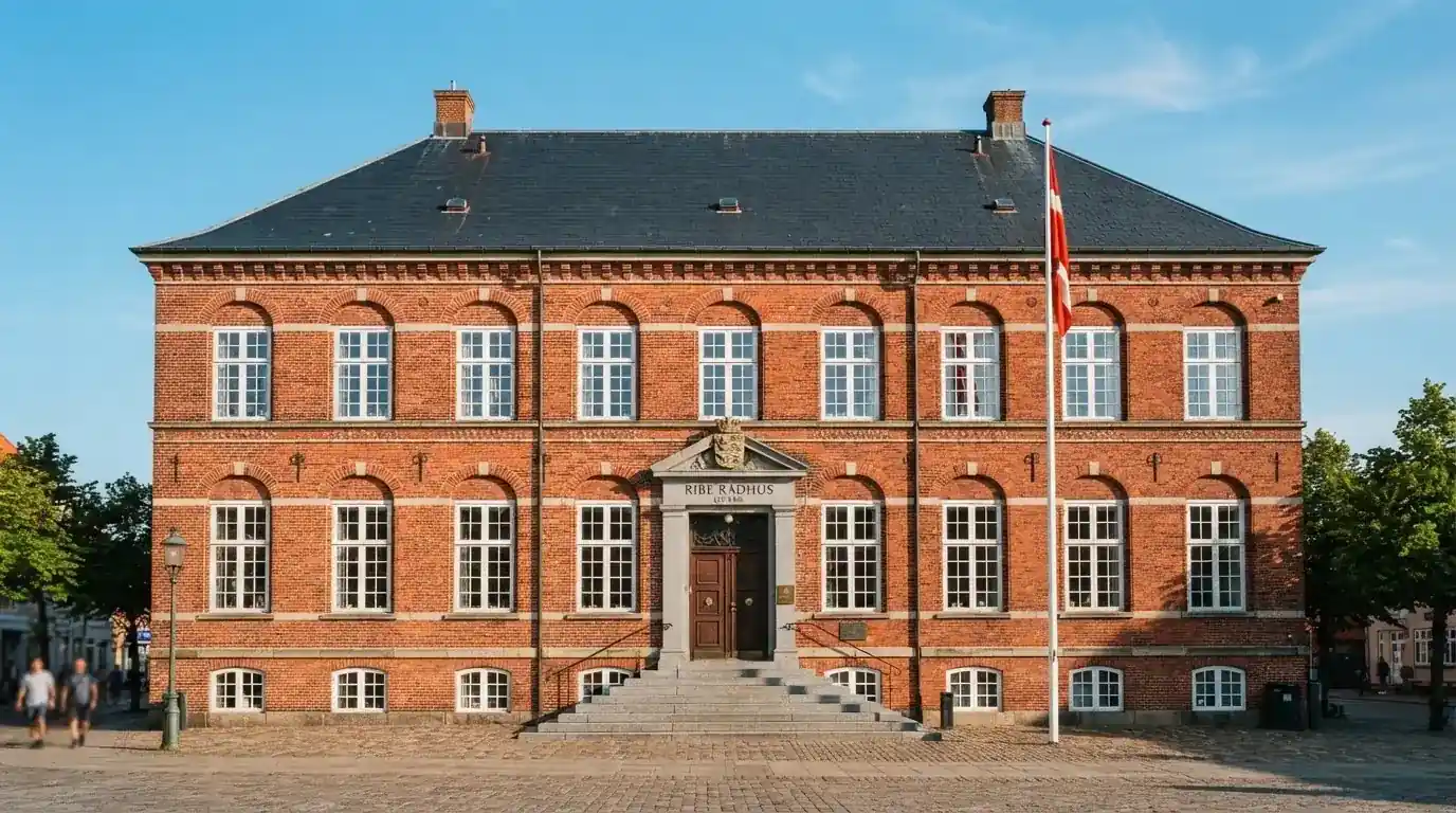 Facade af en klassisk dansk administrationsbygning i røde mursten med flagstang under blå himmel, uden personer.
