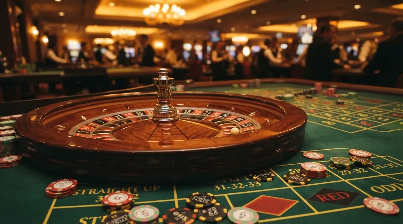 Roulettehjul og spillemærker på grønt filt i varmt aftenlys — casino med cardano i danmark