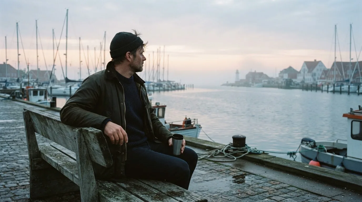 En mand sidder på en bænk ved havnen en tidlig morgen og ser ud over vandet med en termokop i hånden.