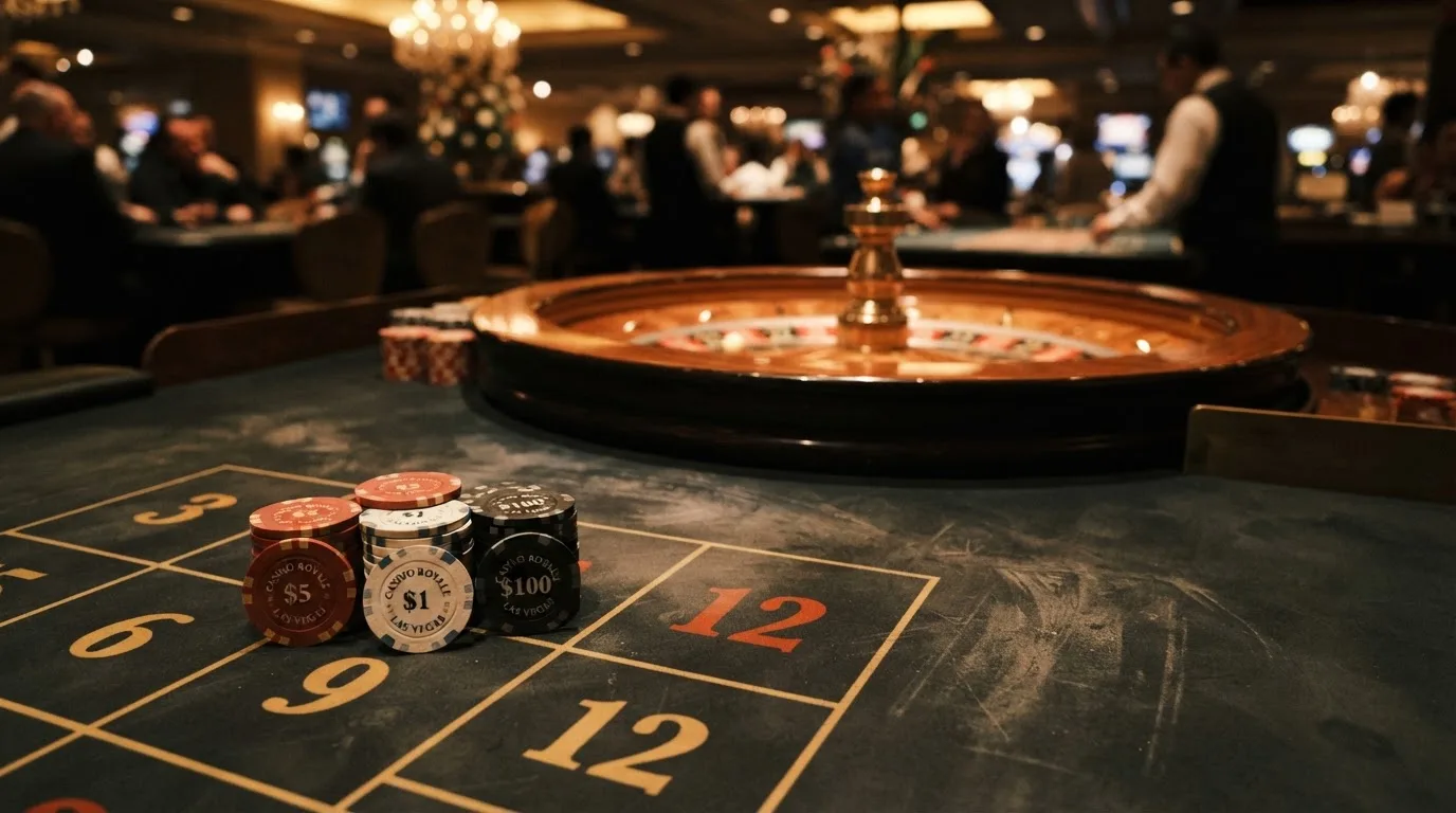 Roulettehjul og spillemærker på grønt filt i varmt aftenlys — casino med dogecoin i danmark