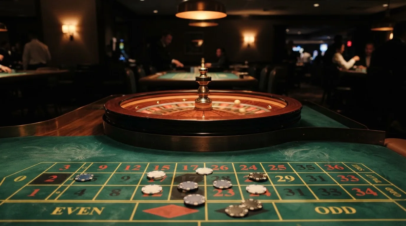 Roulettehjul og spillemærker på grønt filt i varmt aftenlys — casino med högst rtp