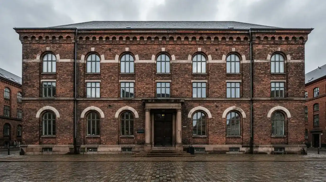 Facade af en gammel administrationsbygning i røde mursten med høje vinduer under skyet himmel, uden personer.