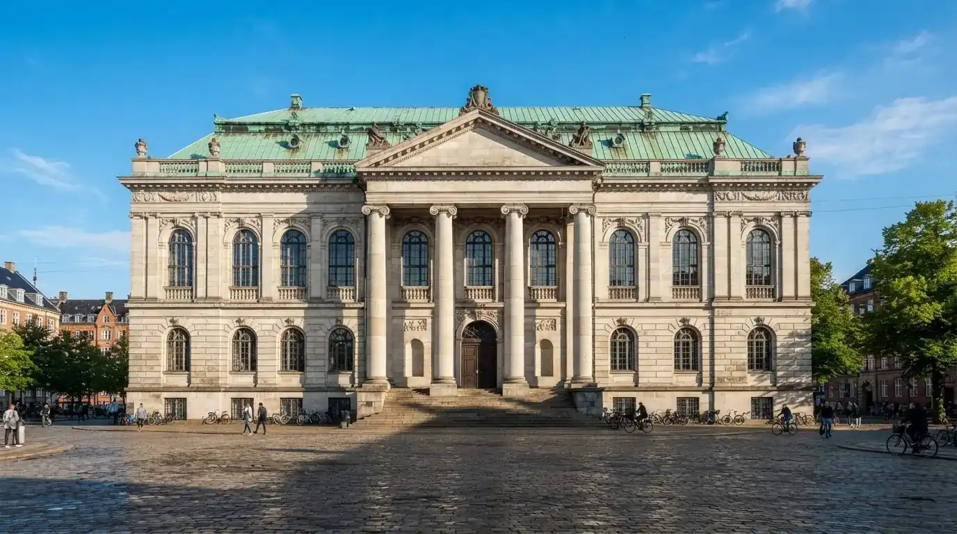 En historisk bygning i København med grøn kobbertag og kolonner i klart dagslys, set fra pladsen foran.