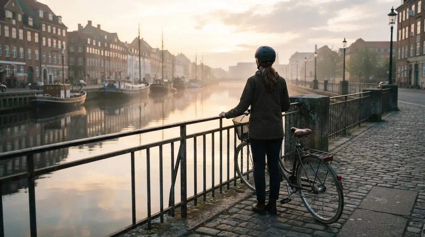 Kvinde i cykelhjelm holder pause ved en bro over en kanal og ser ud over vandet i morgenlys.