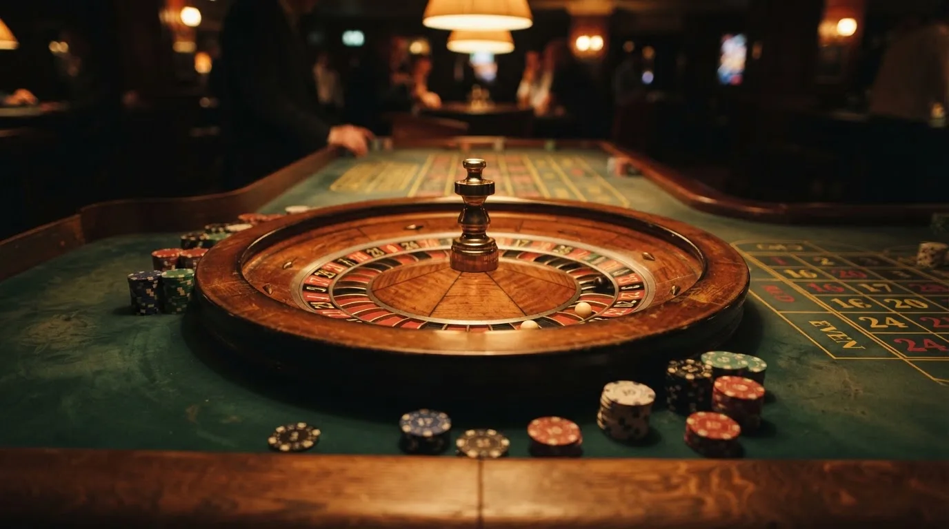 Roulettehjul og spillemærker på grønt filt i varmt aftenlys — dansk live roulette