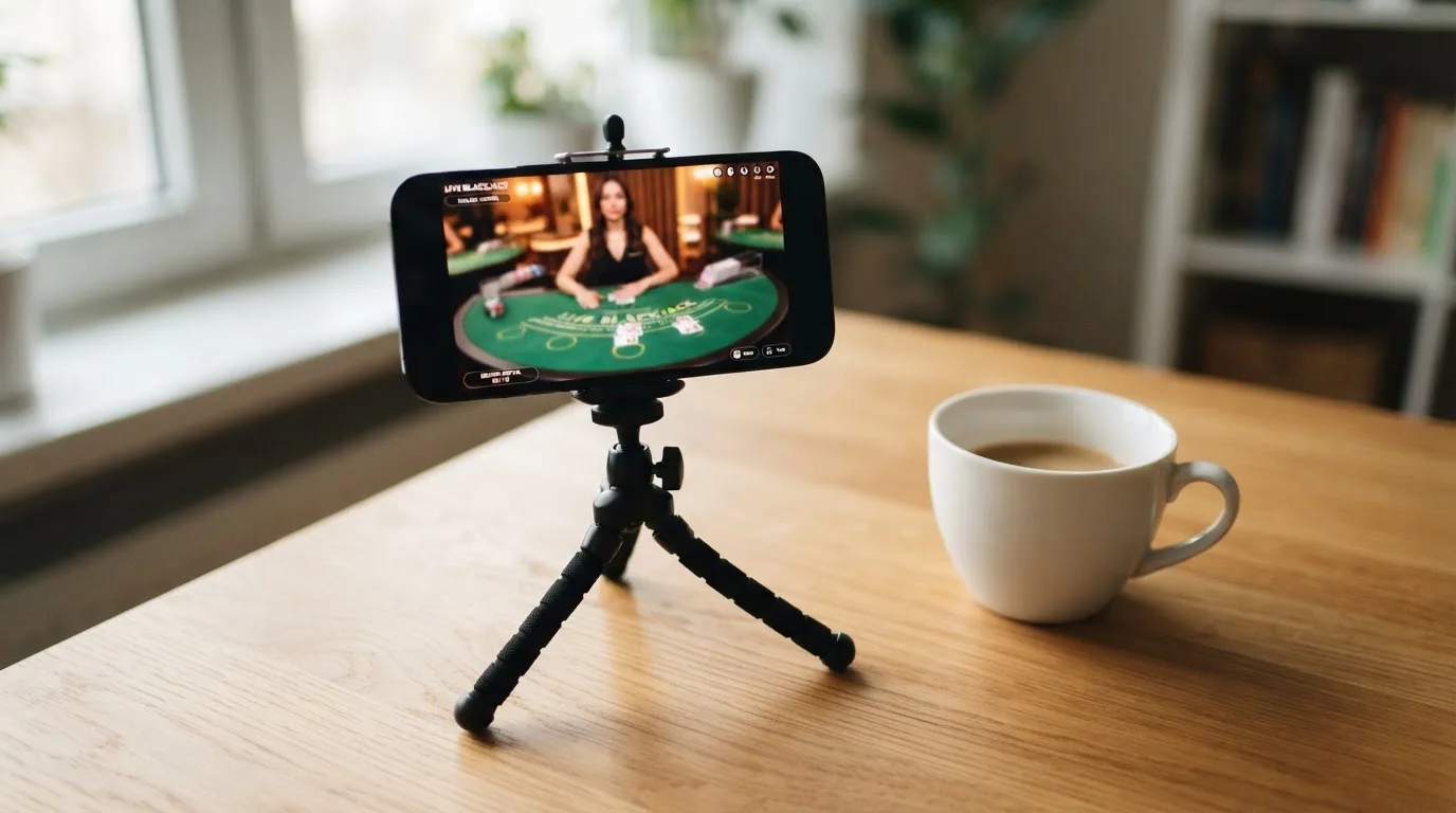En smartphone på et stativ viser en uskarp videostream af et spillebord, mens en kaffekop står ved siden af på et skrivebord.