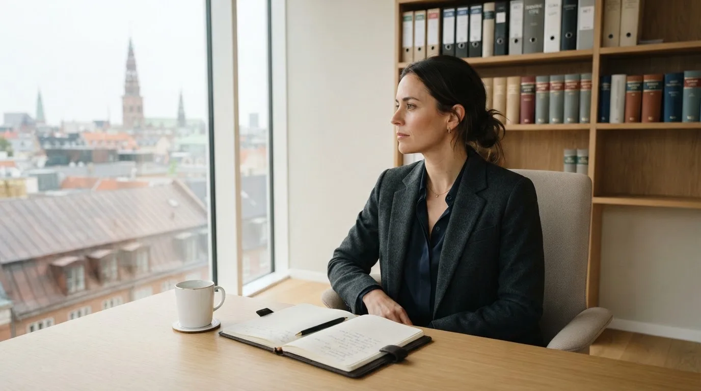 Jurist sidder ved et skrivebord i et lyst københavnsk kontor med reol, kaffekop og store vinduer og kigger eftertænksomt ud.