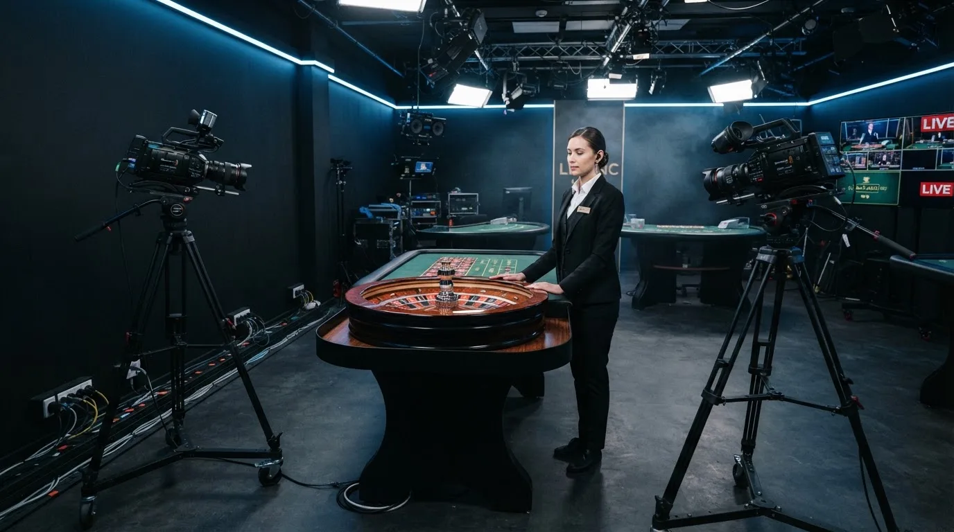 Kameraer på stativer og et roulettehjul midt i et mørkt livecasino-studie med en dealer i uniform, set fra siden i blåligt lys.