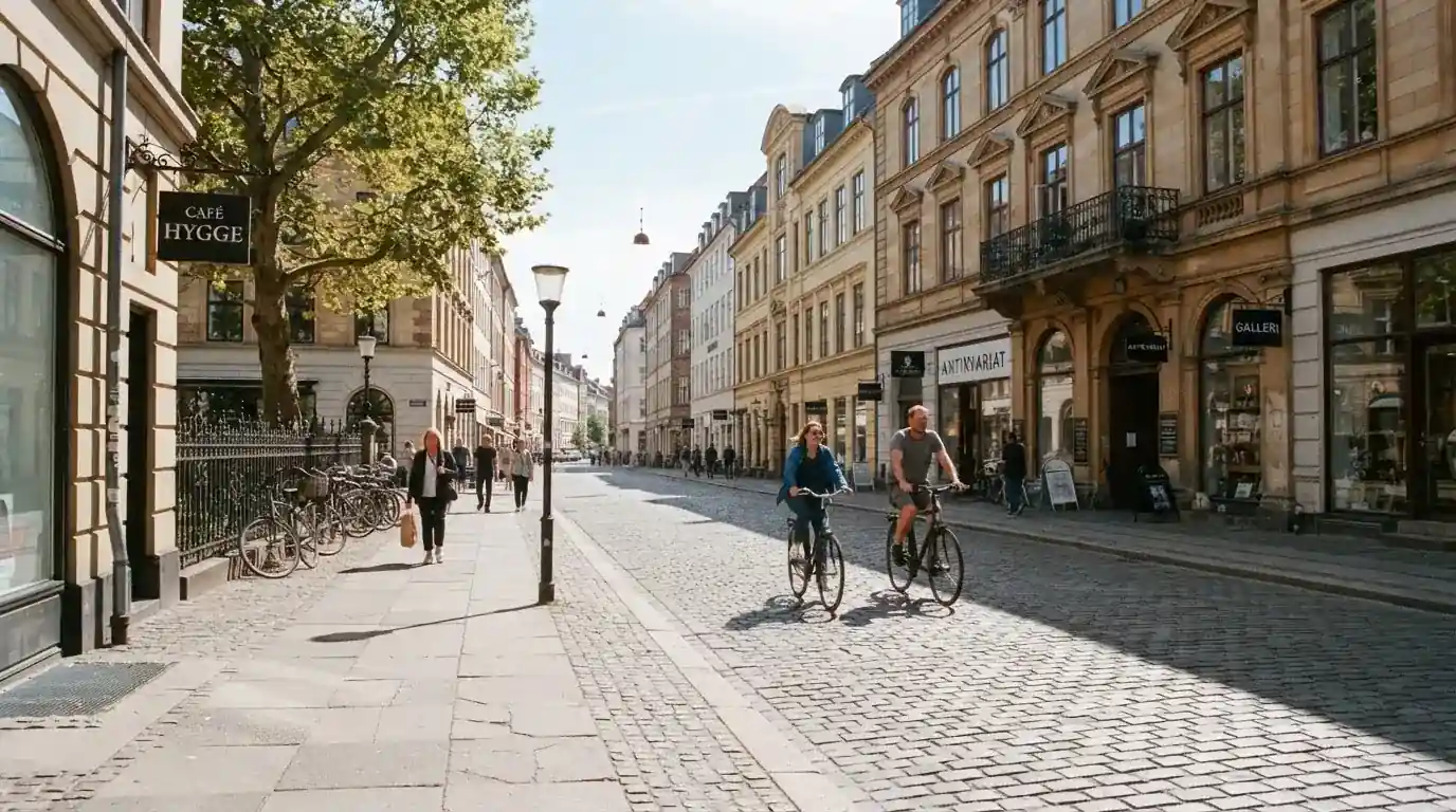 Københavnsk gade med klassiske sandstensbygninger og cyklister i klart vejr, set fra fortovet.