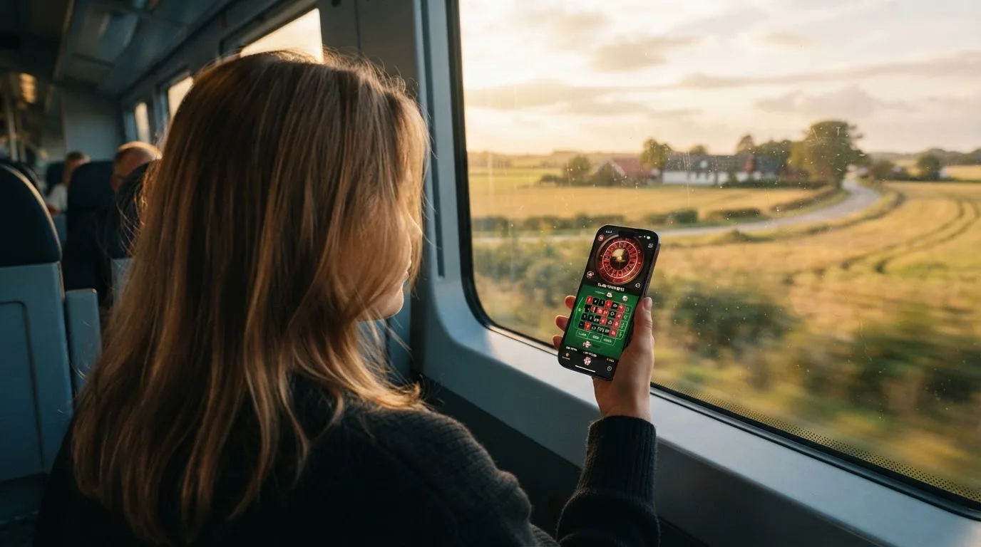 Kvinde på toget ser ud ad vinduet med mobilen i hånden, mens landskabet suser forbi i eftermiddagslys.